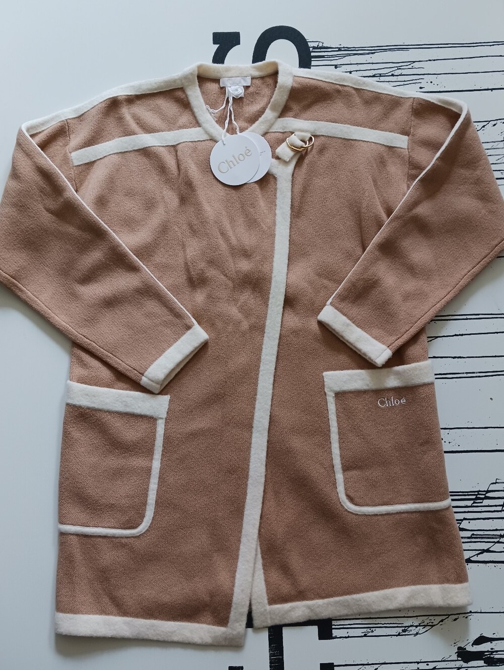 NWT CHLOE Women, Girls' Tan & Cream Trim Knit Coat, sweater, Cardigan .READ